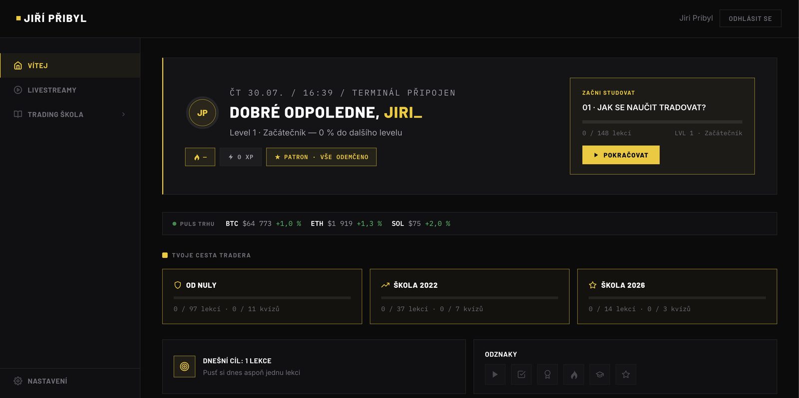 Dashboard trading školy — tři úrovně, XP, denní cíl a odznaky